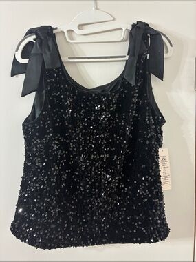Black Sequin Tie-Shoulder Women's Tank Top